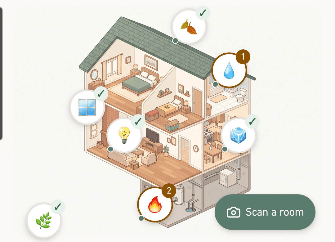 The Hearth home screen showing the house drawn level by level, with pins on the rooms that need something