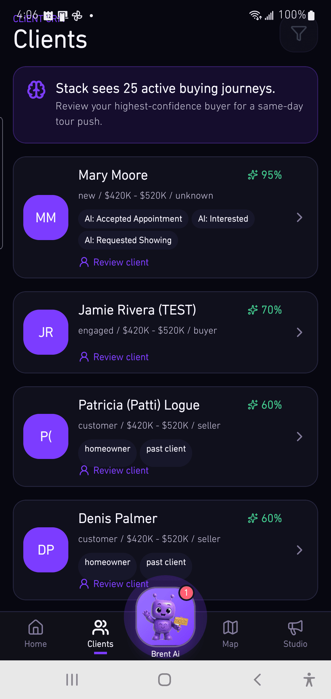 Current Realty Stack Android client-management screen using test data