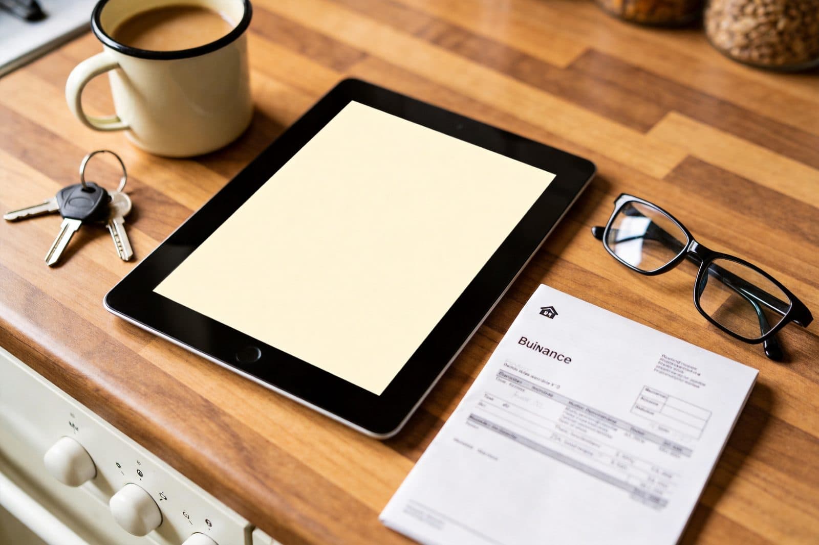 A tablet on a kitchen table beside keys, a receipt and a coffee