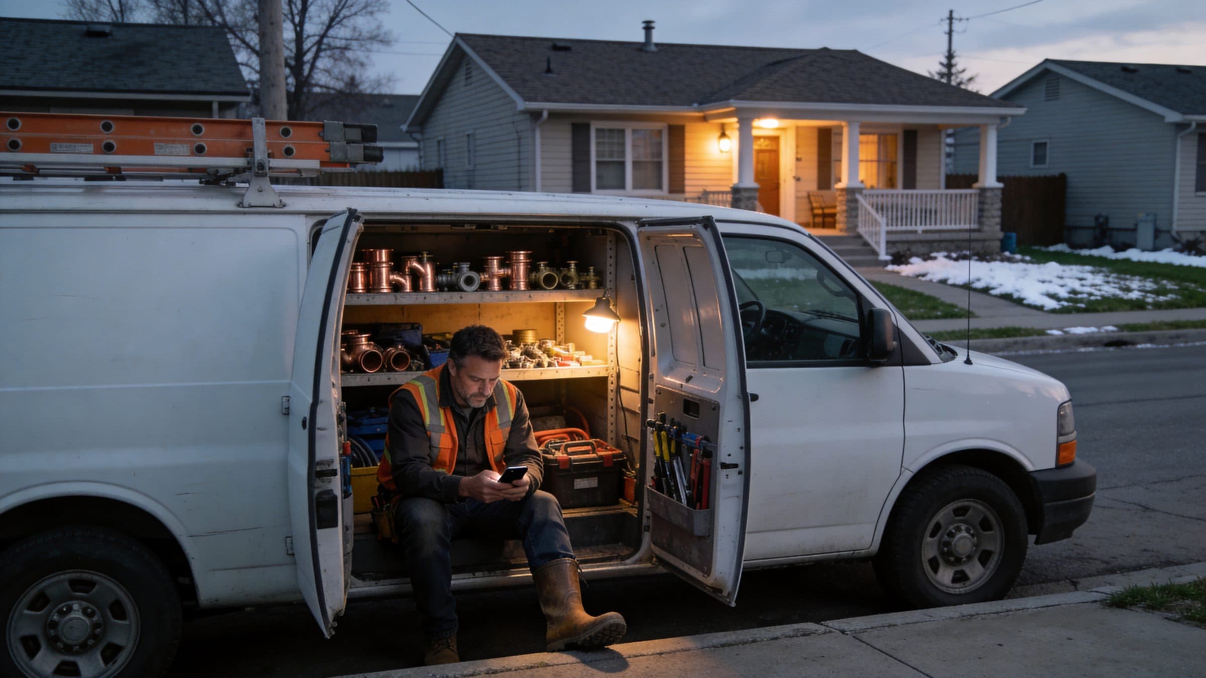 A plumber sitting in the open side door of his work van on an Edmonton street at dusk, looking at his phone